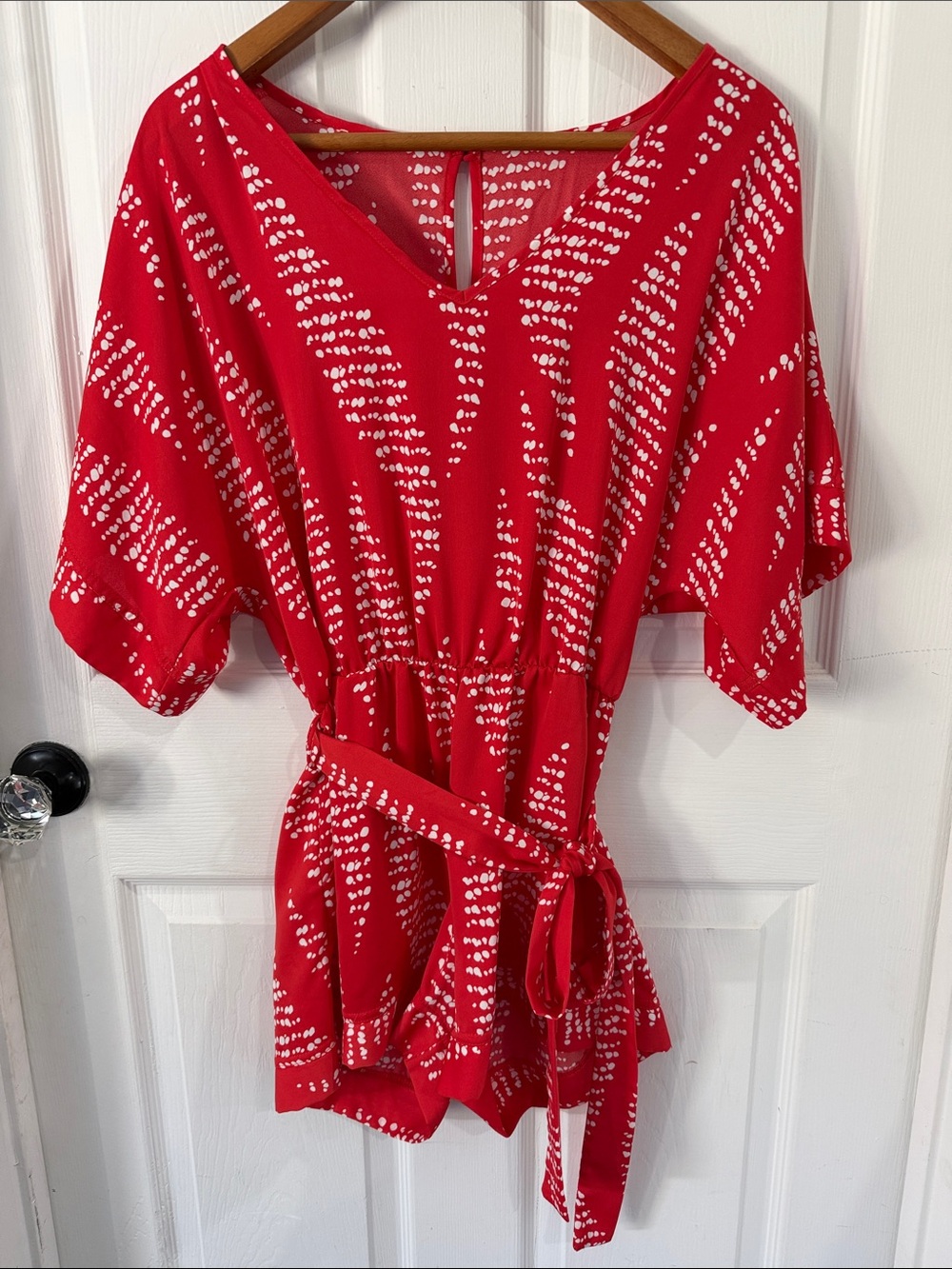 Red Printed V-Neck Tie-Waist Women’s Top